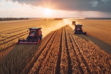Fototapeta premium Harvesting agricultural crops in the fields with the help of modern tractors and combines, AI generated