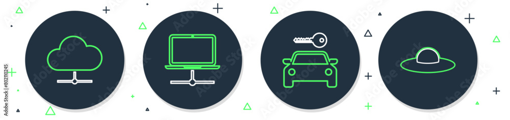 Poster set line computer network, car rental, network cloud connection and ufo flying spaceship icon. vecto