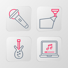 Set line Laptop with music note, Electric bass guitar, Movie spotlight and Microphone icon. Vector