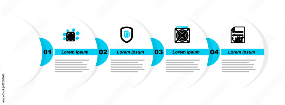 Aufkleber set line smart contract, asic miner, shield with bitcoin and icon. vector