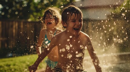 Siblings playing in a backyard sprinkler on a hot summer day, laughing as they run through the water.