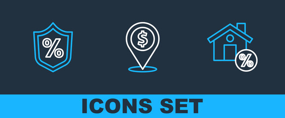 Set line House with percant discount, Loan percent and Cash location icon. Vector