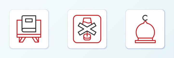 Set line Muslim Mosque, Holy book of Koran and No alcohol icon. Vector
