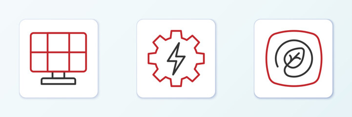 Set line Location with leaf, Solar energy panel and Gear and lightning icon. Vector