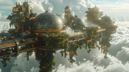 A coffee plantation on a floating city above the clouds, tended by humanoid robots and powered by solar energy , superrealistic