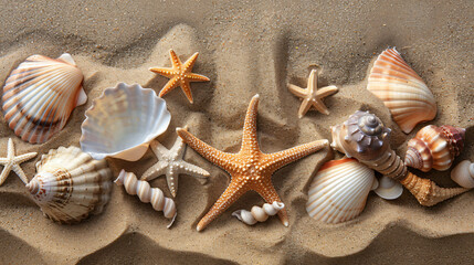 Fototapeta na wymiar Composition with different sea shells and starfishes