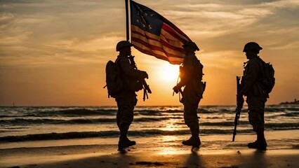 Soldiers walking on the beach with usa flag - Powered by Adobe