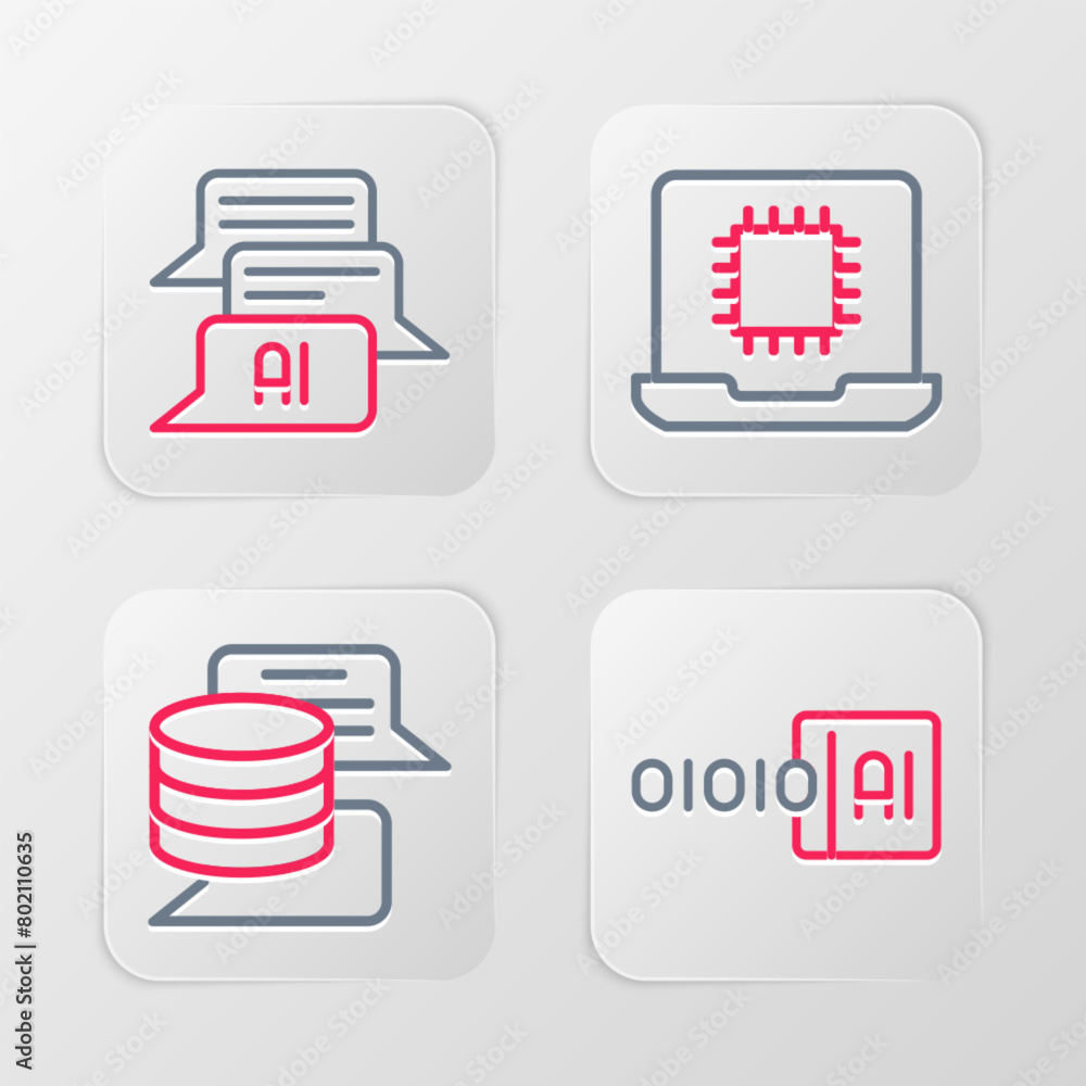 Poster set line binary code, server, data, processor cpu and chat bot icon. vector