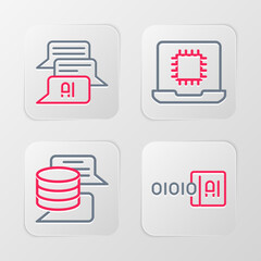 Set line Binary code, Server, Data, Processor CPU and Chat bot icon. Vector