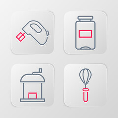 Set line Kitchen whisk, Manual coffee grinder, Jam jar and Electric mixer icon. Vector