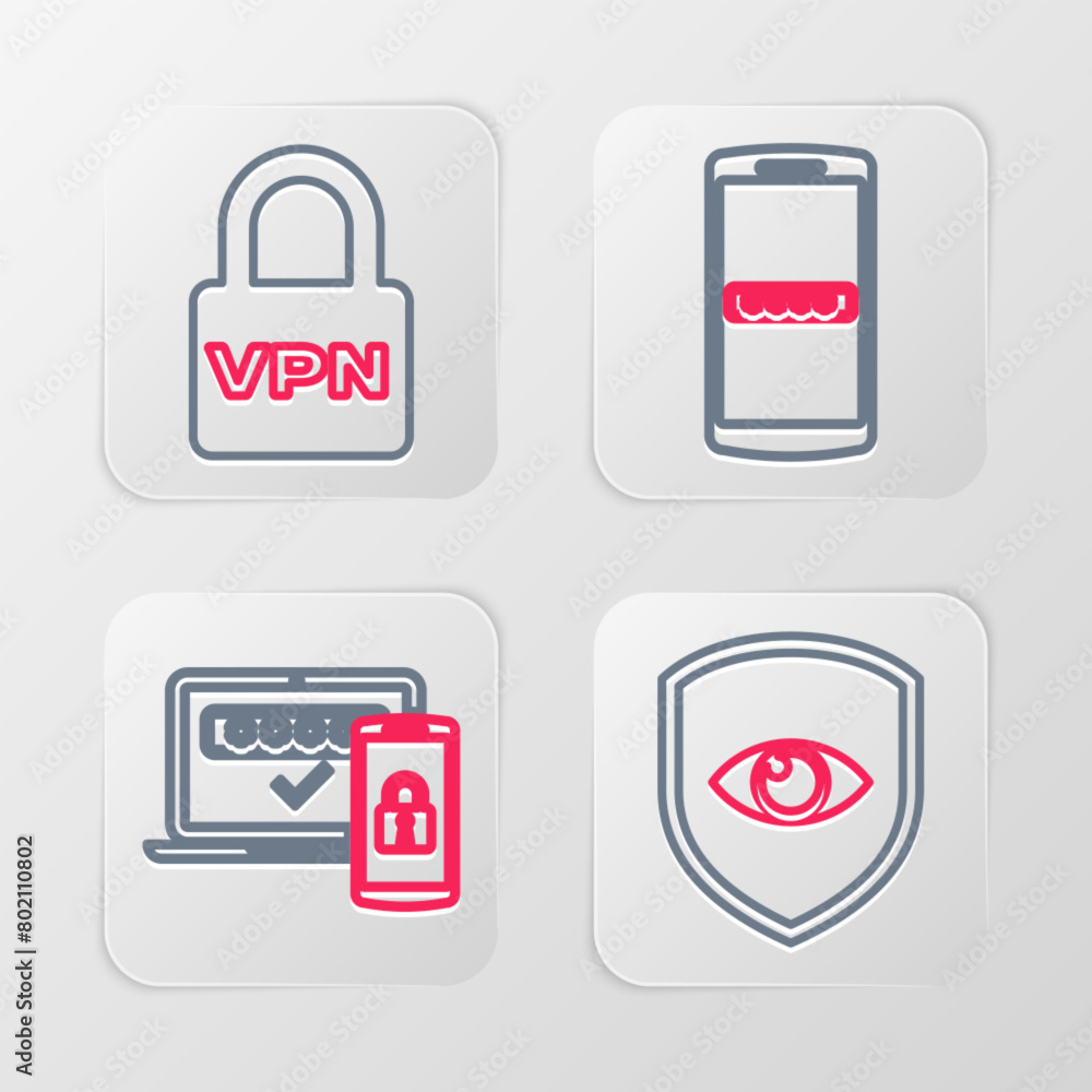 Aufkleber set line shield and eye, two steps authentication, mobile password and lock vpn icon. vector