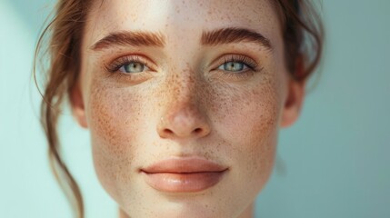 A young woman with auburn hair, freckles, and blue eyes gazes forward, her face sunlit. - obrazy, fototapety, plakaty