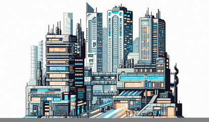 futuristic city with building modern technology infrastructure pixel art illustration