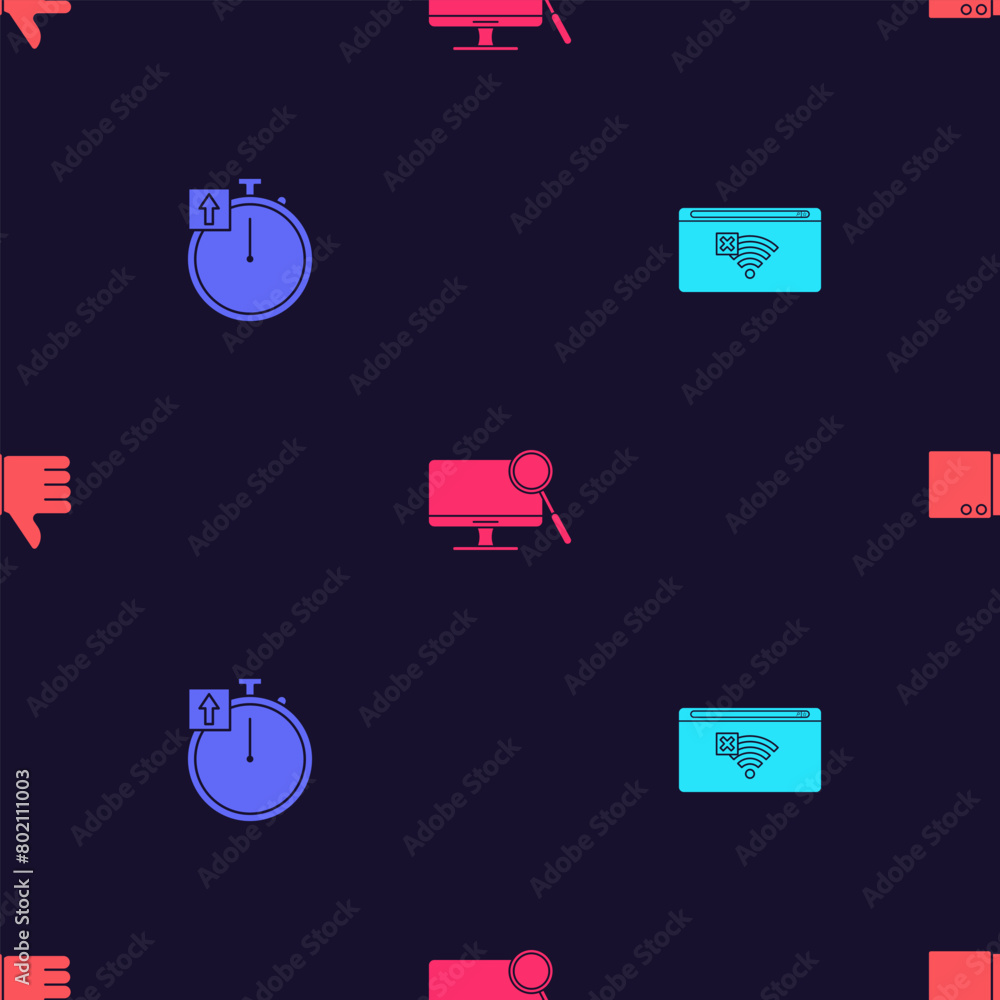 Poster set no internet connection, stopwatch, computer monitor diagnostics and dislike on seamless pattern.