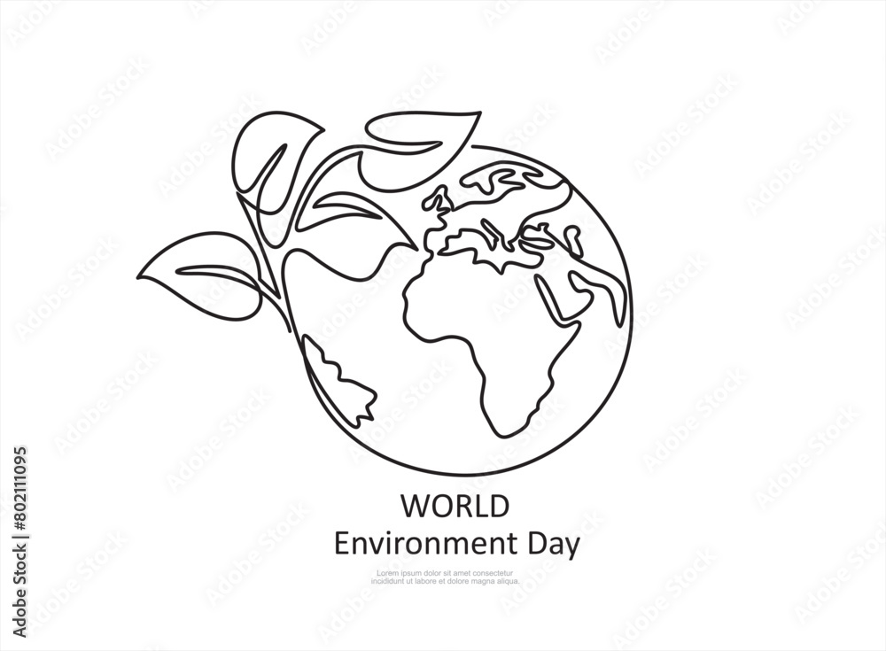 Poster earth globe with leaves continuous line drawn. linear world map with plant. save planet concept. wor