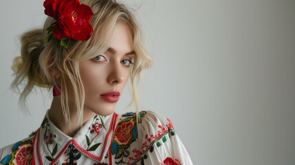 Naklejka premium Portrait of a young woman adorned in traditional Ukrainian attire, capturing the beauty and cultural richness of Ukrainian heritage