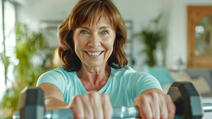Active middle-aged woman exercising with weights at home. Fitness routine. Healthy lifestyle concept. Joyful expression captured in a bright setting. AI