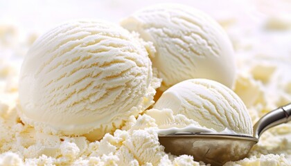 Experience the classic taste and silky creaminess of a delectable vanilla ice cream scoop