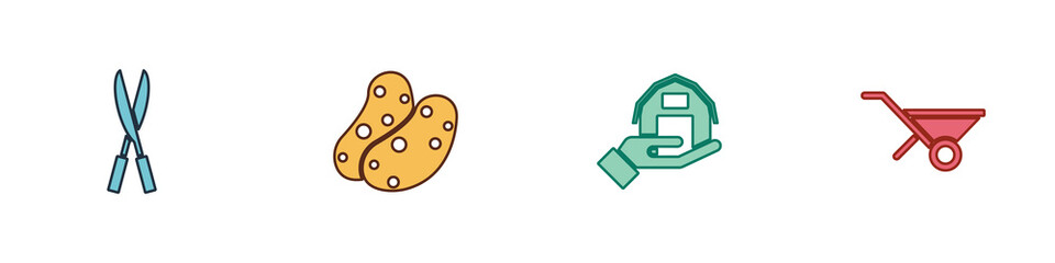 Set Gardening handmade scissors, Potato, Farm house and Wheelbarrow icon. Vector