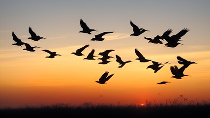 flock of birds in sunset