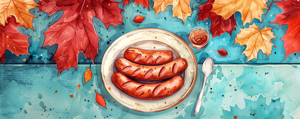 A plate of various sausages surrounded by leaves, with a spoon