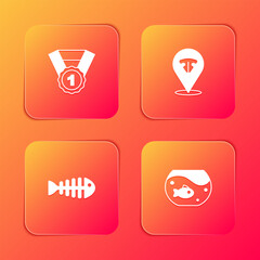 Set Dog award symbol, Cat nose, Fish skeleton and Aquarium with fish icon. Vector