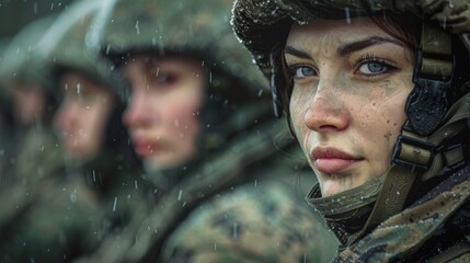 Naklejka premium Determined Female Soldier in Camouflage Under Rainfall with Troop in Background. Generative ai