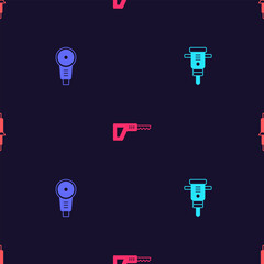 Set Construction jackhammer, Angle grinder, Reciprocating saw and Soldering iron on seamless pattern. Vector