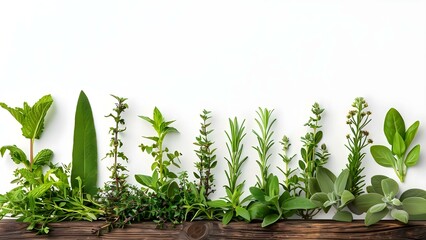 Artistic Representation of Botanical Herbs on Wooden Table Against White Background. Concept Botanical Herbs, Wooden Table, White Background, Artistic Representation, Home Decor