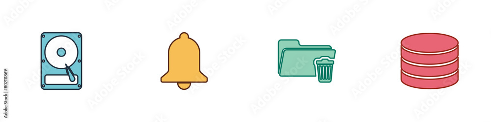 Poster set hard disk drive hdd, ringing bell, delete folder and database icon. vector