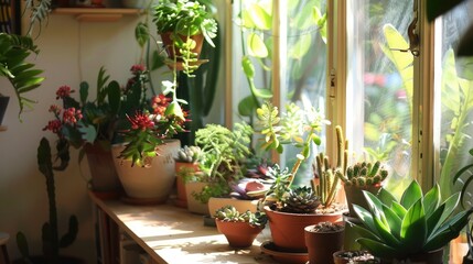 Indoor garden with sun-loving plants and succulents, bringing greenery into every corner of the home.