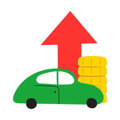 Rising cost of car. Flat design. Vector hand drawn illustration on white background.