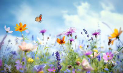 A vibrant field of wildflowers, with colorful butterflies flitting around the flowers and a blue sky in the background