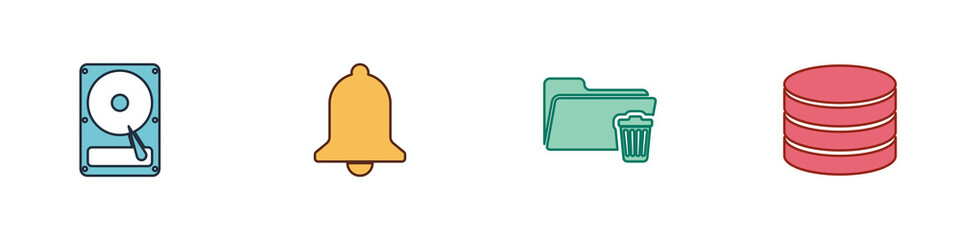 Set Hard disk drive HDD, Ringing bell, Delete folder and Database icon. Vector