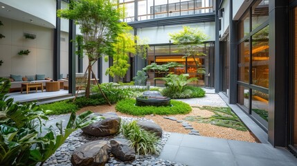 Indoor plaza with landscaped gardens and pathways, offering a serene oasis for relaxation and...