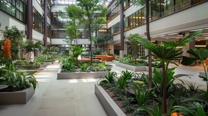 Indoor plaza with landscaped gardens and seating areas, providing a tranquil retreat for visitors and tenants.