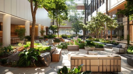 Indoor plaza with landscaped gardens and seating areas, providing a tranquil retreat for visitors...