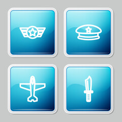 Set line Star American military, Military beret, Plane and knife icon. Vector