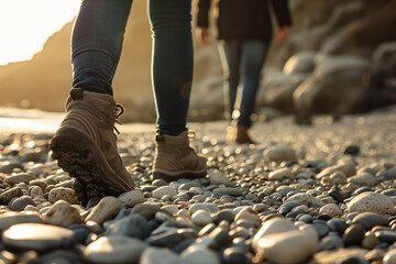 Close up of two people walking on a pebble beach, a woman in jeans and hiking boots with a man behind her