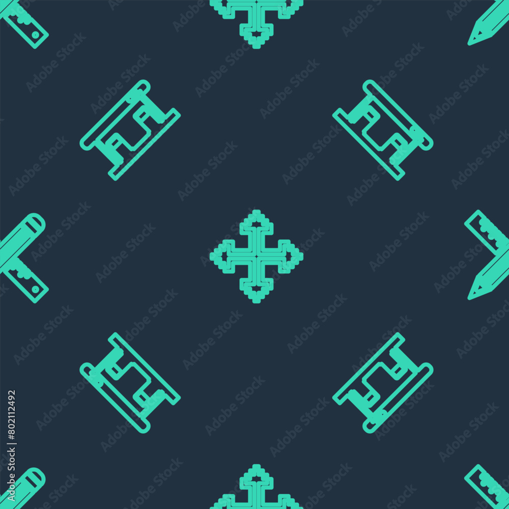 Aufkleber set line pixel arrows in four directions, gas filling station and crossed ruler and pencil on seamle