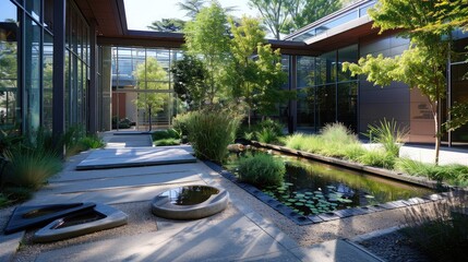 Museum courtyard featuring sculpture gardens and water features surrounded by native plants, blending art with nature.