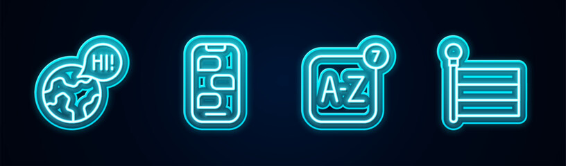 Set line Learning foreign languages, New chat messages notification, Online translator and Flag. Glowing neon icon. Vector