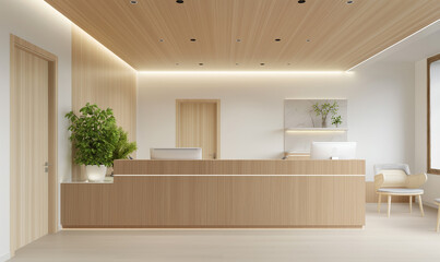 Fototapeta premium A front desk in the waiting room of an office building made from light wood with light colored walls and LED lighting on top, with a simple modern design and minimalist aesthetic