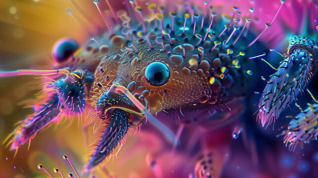 A vivid color image captured through the lens of a powerful microscope, revealing the intricate details of a Demodex blepharitis mite. The mite's anatomy is prominently displayed