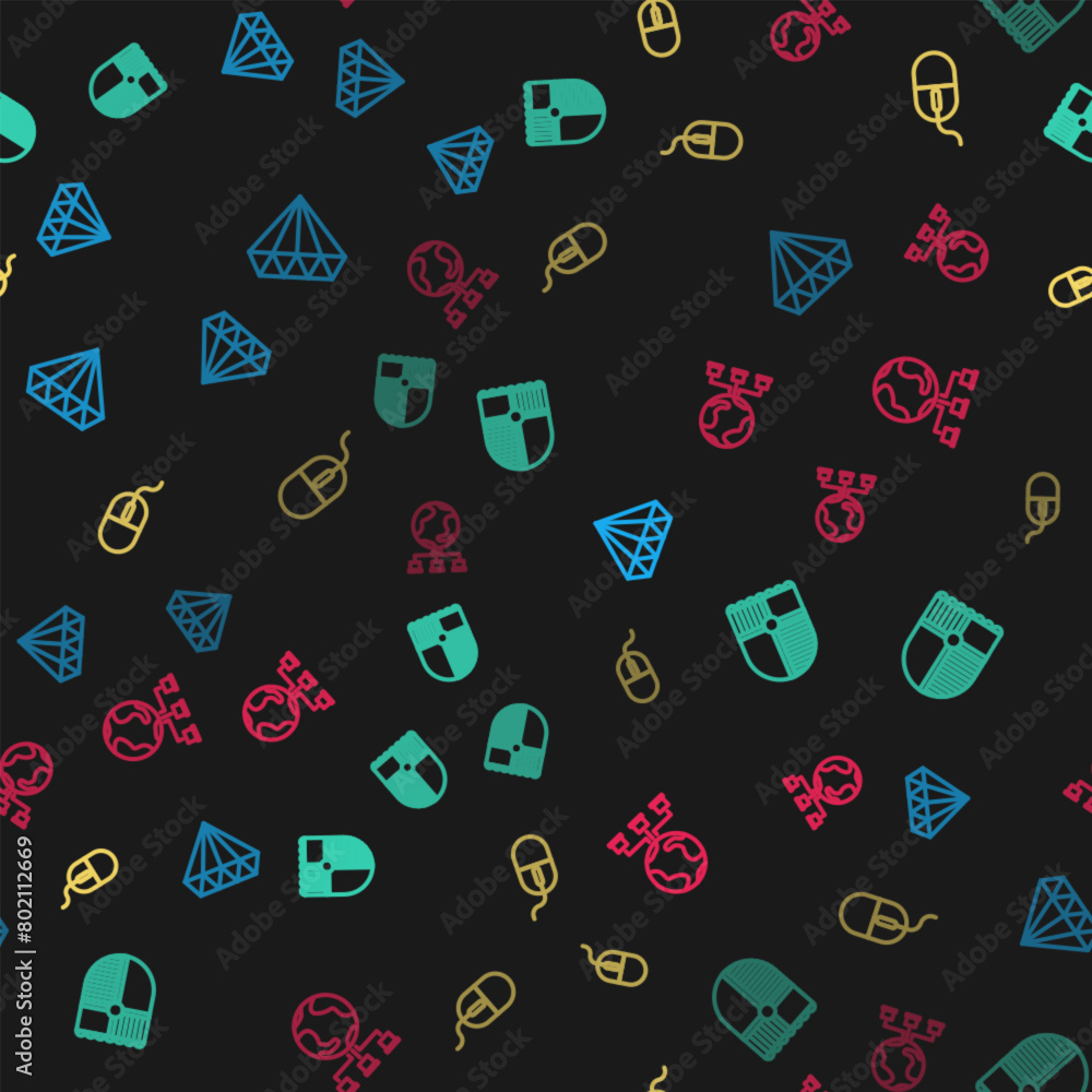 Poster set line diamond, shield for game, computer mouse and network on seamless pattern. vector