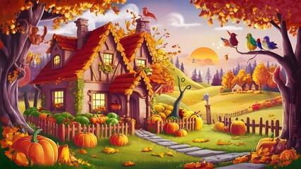 Cottagecore Clipart Autumn House Illustration Cartoon Vector.