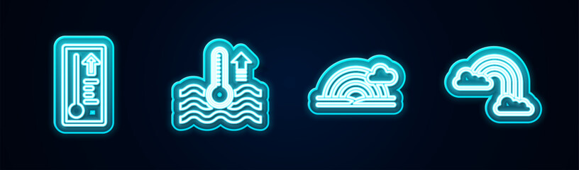 Set line Meteorology thermometer, Water, Rainbow with cloud and clouds. Glowing neon icon. Vector