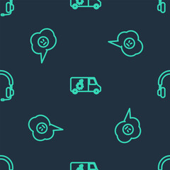 Set line Car service, Speech bubble with angry smile and Headphones on seamless pattern. Vector