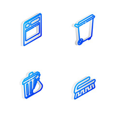 Set Isometric line Trash can, Kitchen dishwasher machine, and garbage bag and Brush for cleaning icon. Vector