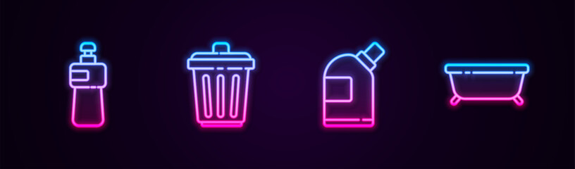 Set line Dishwashing liquid bottle, Trash can, Bottles for cleaning agent and Bathtub. Glowing neon icon. Vector